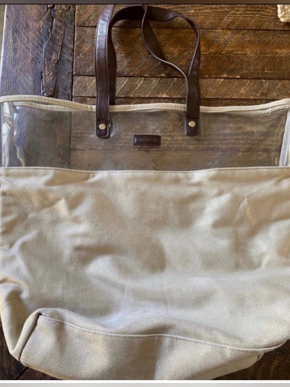 Amore Pacific Clear Top Tote with Canvas Body and Brown Leather Handles